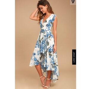 NWT Lulu’s French Countryside Dress Sz M White Blue Floral Wrap Hi Low Party